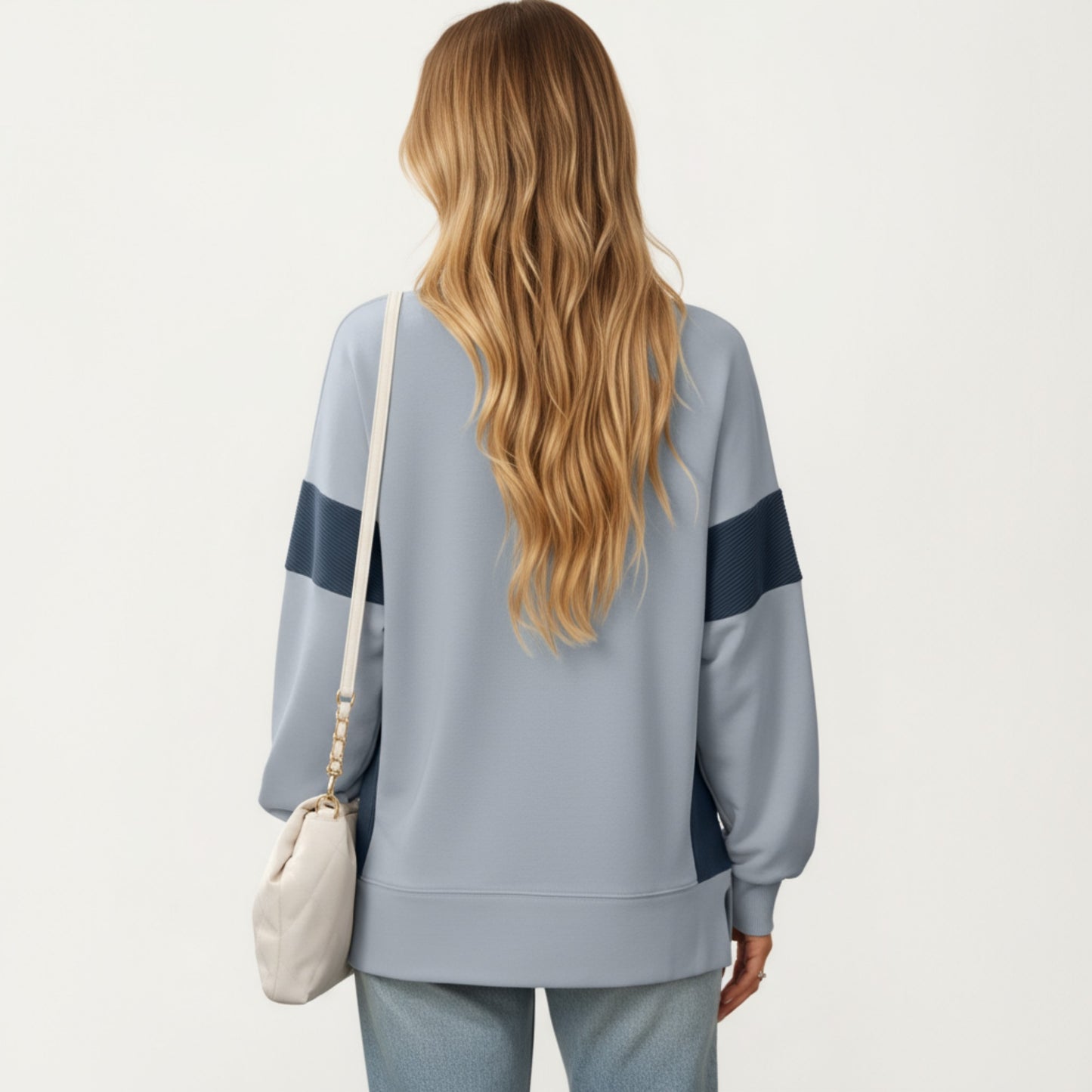 Crew Neck Long Sleeve Pullover Top with Colorblock Sleeve Detail