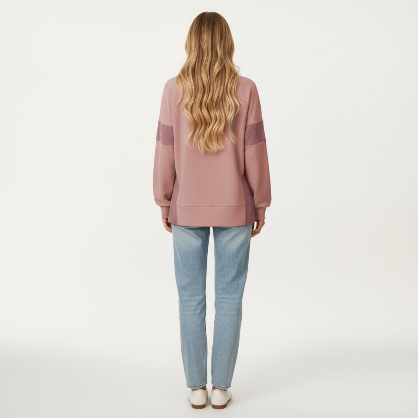 Crew Neck Long Sleeve Pullover Top with Colorblock Sleeve Detail