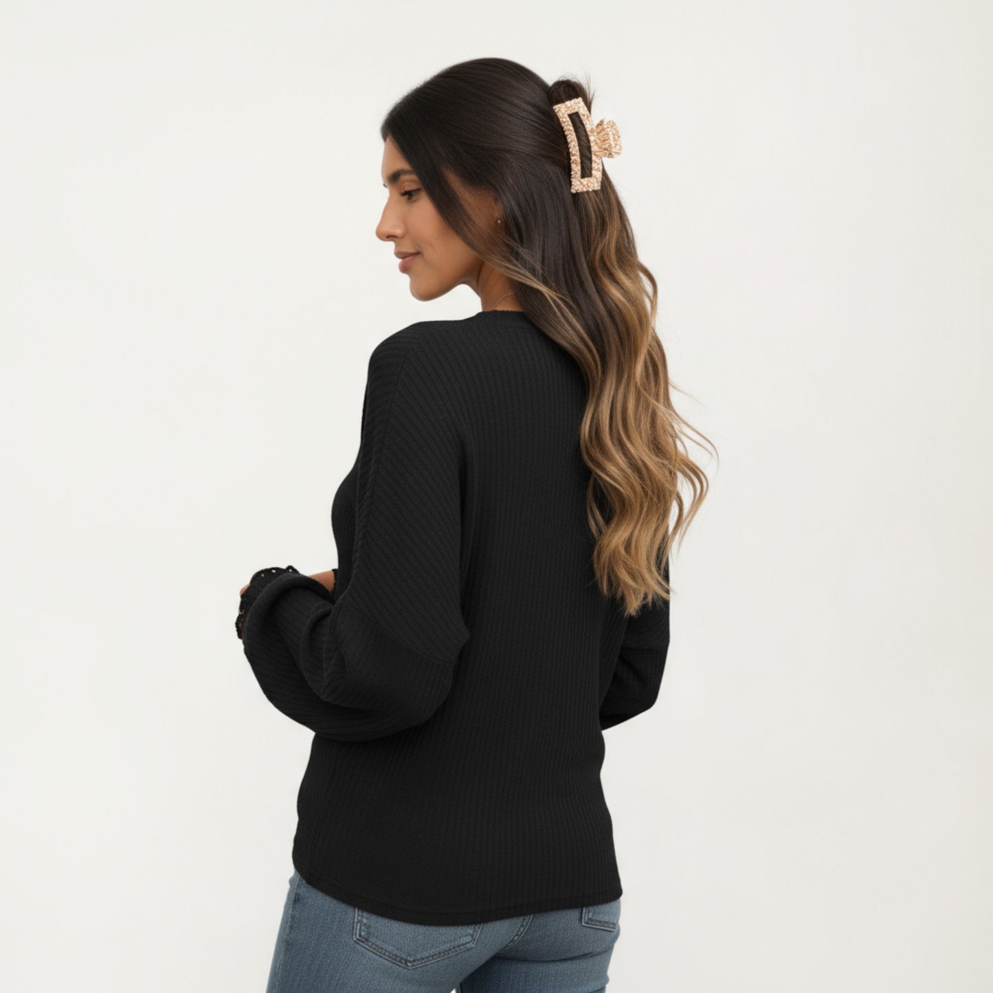 Long Sleeve Ribbed Knit Top with Subtle Ruffle Cuff Detail