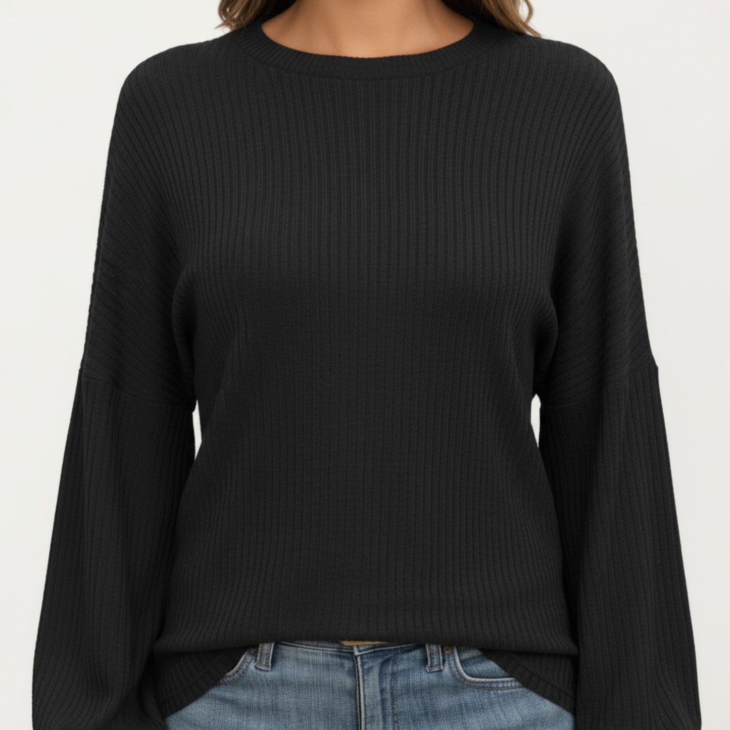 Long Sleeve Ribbed Knit Top with Subtle Ruffle Cuff Detail