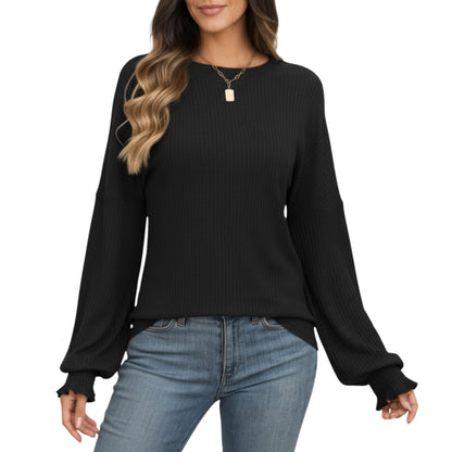 Long Sleeve Ribbed Knit Top with Subtle Ruffle Cuff Detail