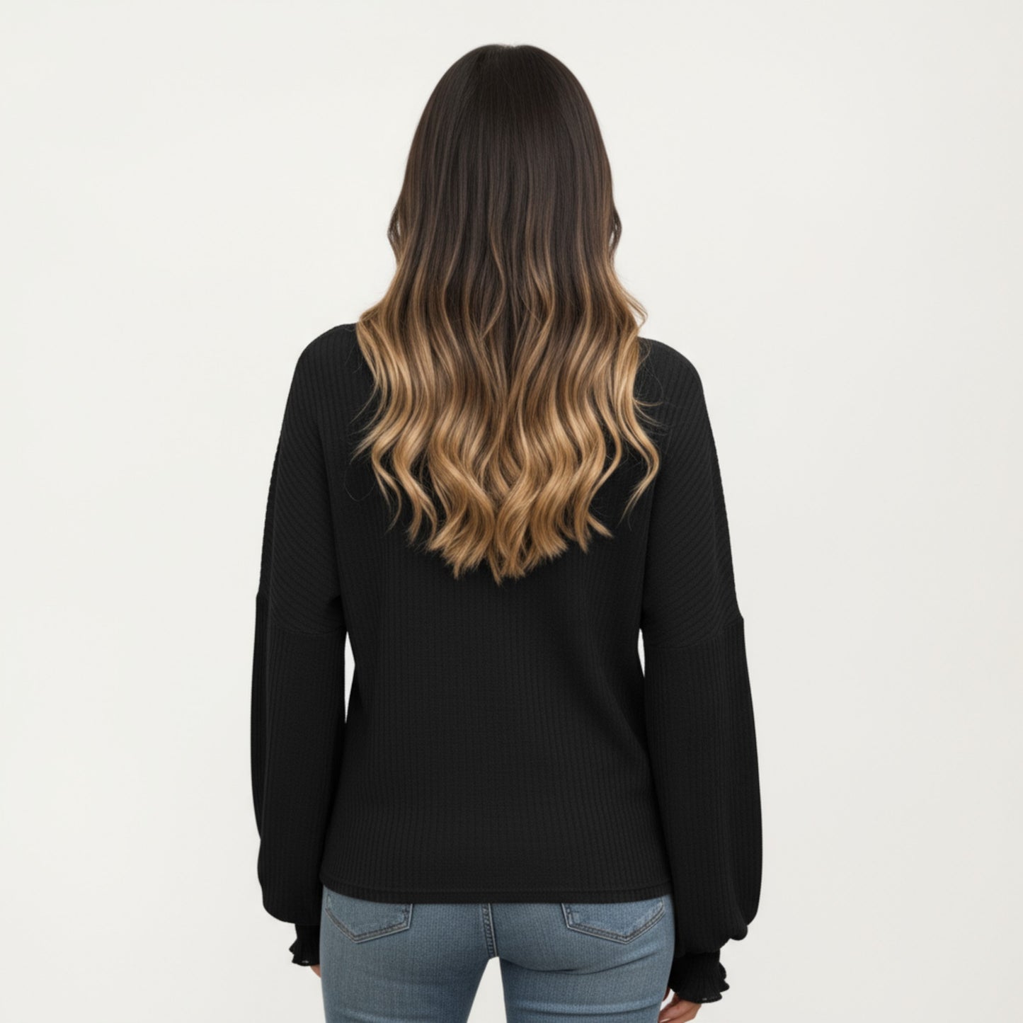 Long Sleeve Ribbed Knit Top with Subtle Ruffle Cuff Detail
