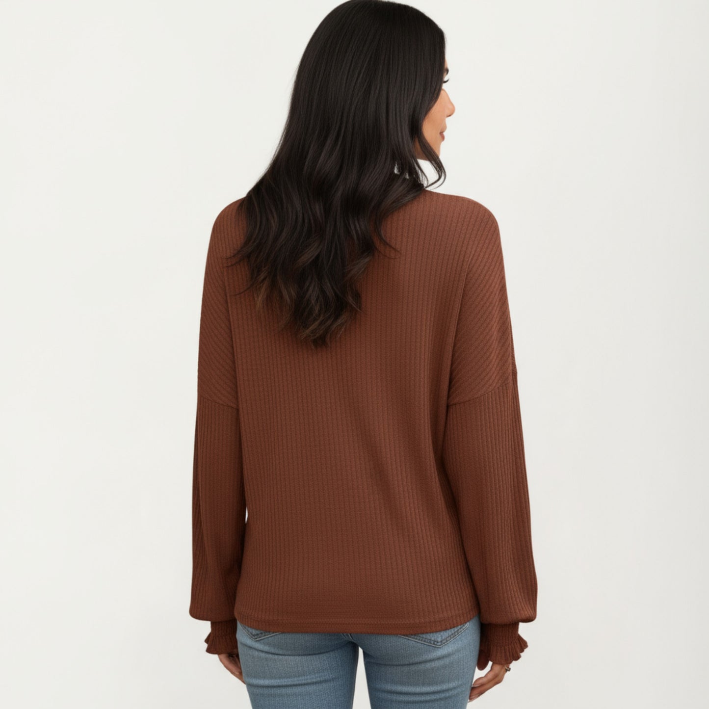 Long Sleeve Ribbed Knit Top with Subtle Ruffle Cuff Detail