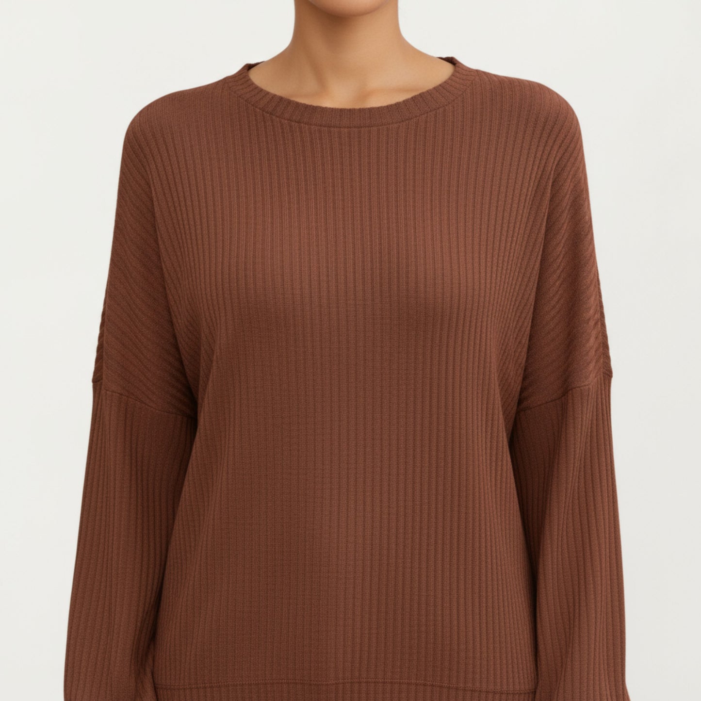 Long Sleeve Ribbed Knit Top with Subtle Ruffle Cuff Detail