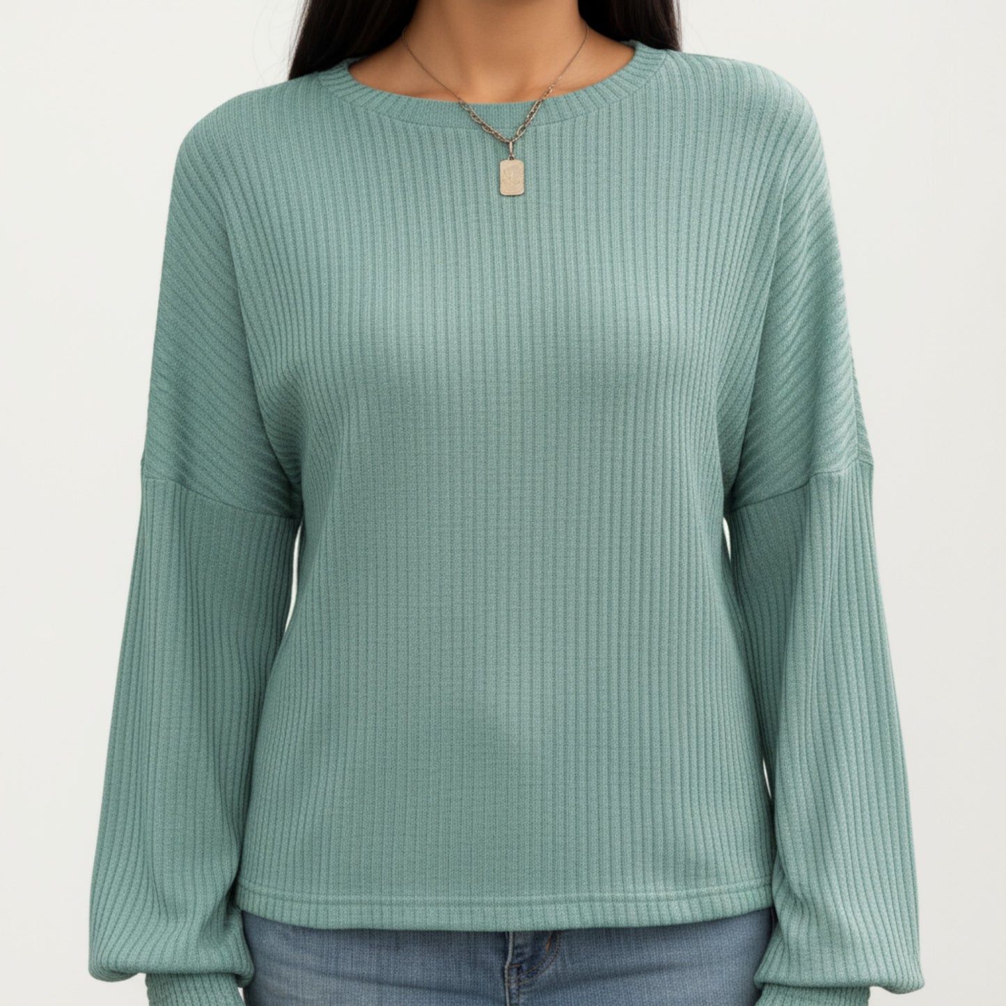 Long Sleeve Ribbed Knit Top with Subtle Ruffle Cuff Detail