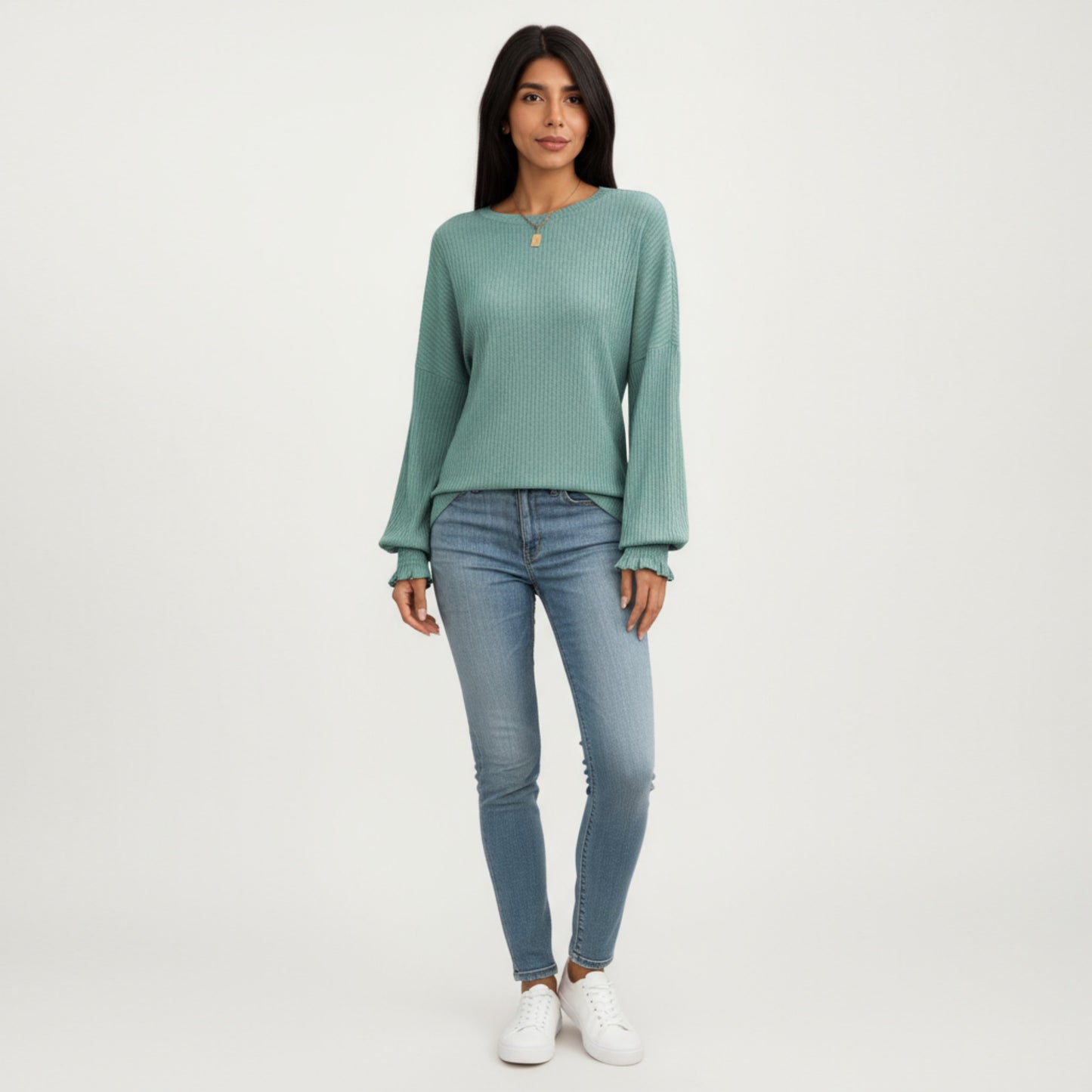 Long Sleeve Ribbed Knit Top with Subtle Ruffle Cuff Detail