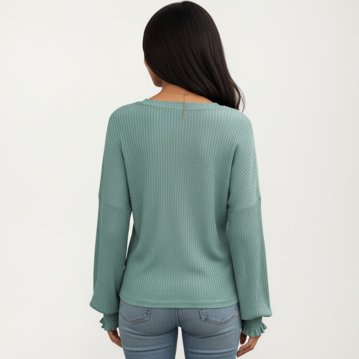Long Sleeve Ribbed Knit Top with Subtle Ruffle Cuff Detail