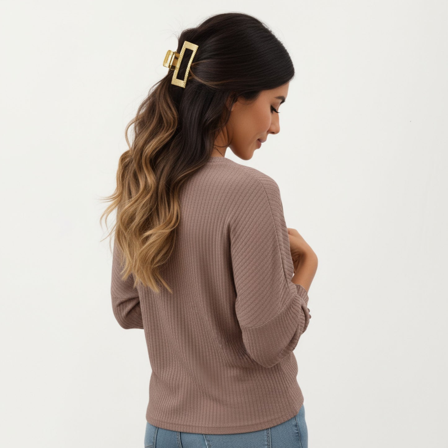 Long Sleeve Ribbed Knit Top with Subtle Ruffle Cuff Detail
