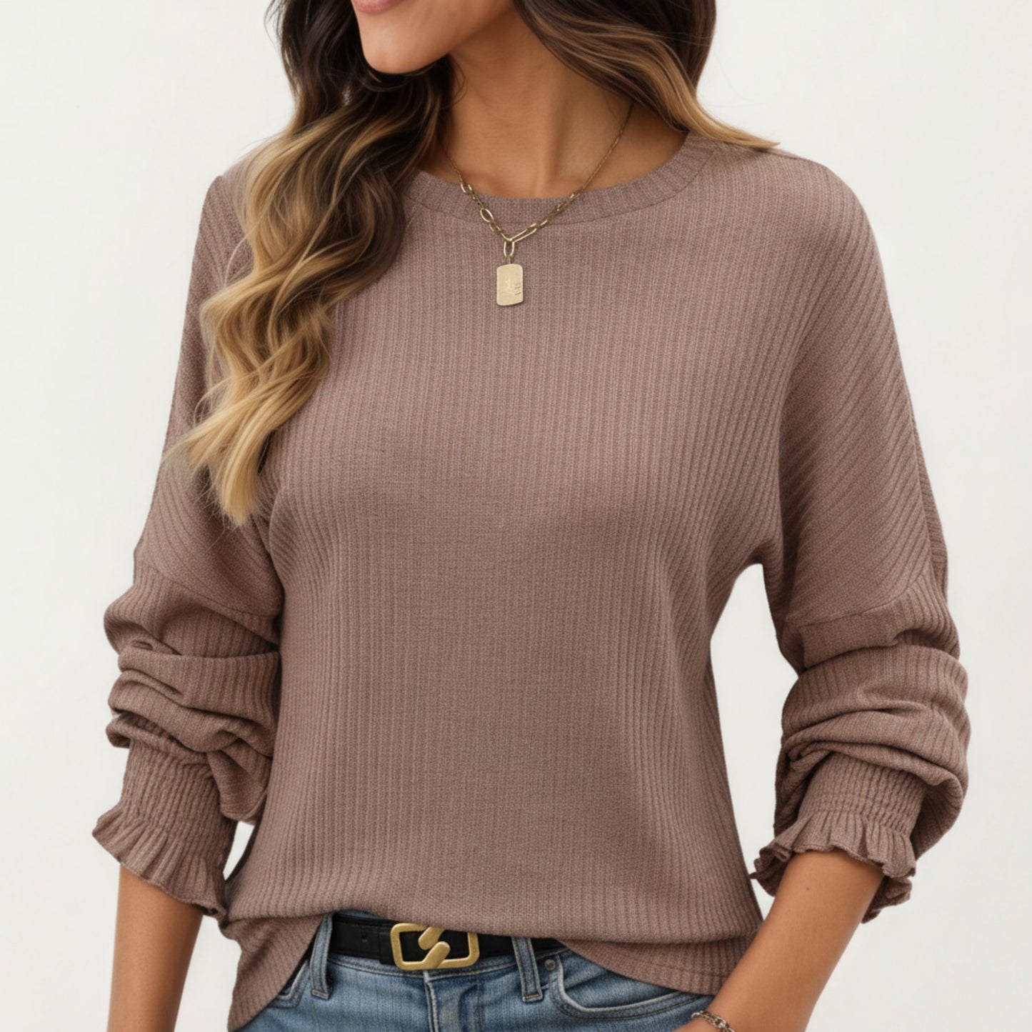Long Sleeve Ribbed Knit Top with Subtle Ruffle Cuff Detail