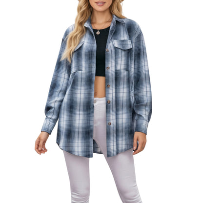Long Sleeve Plaid Button-Up Shirt with Front Pockets and Relaxed Fit