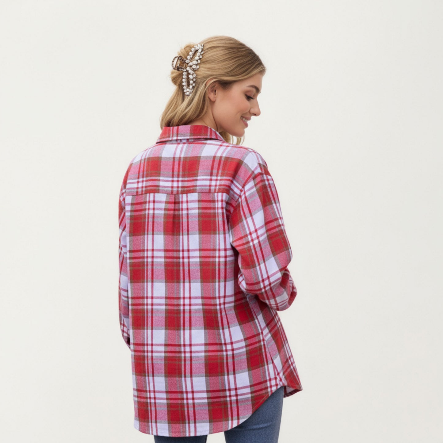 Long Sleeve Plaid Button-Up Shirt with Front Pockets and Relaxed Fit