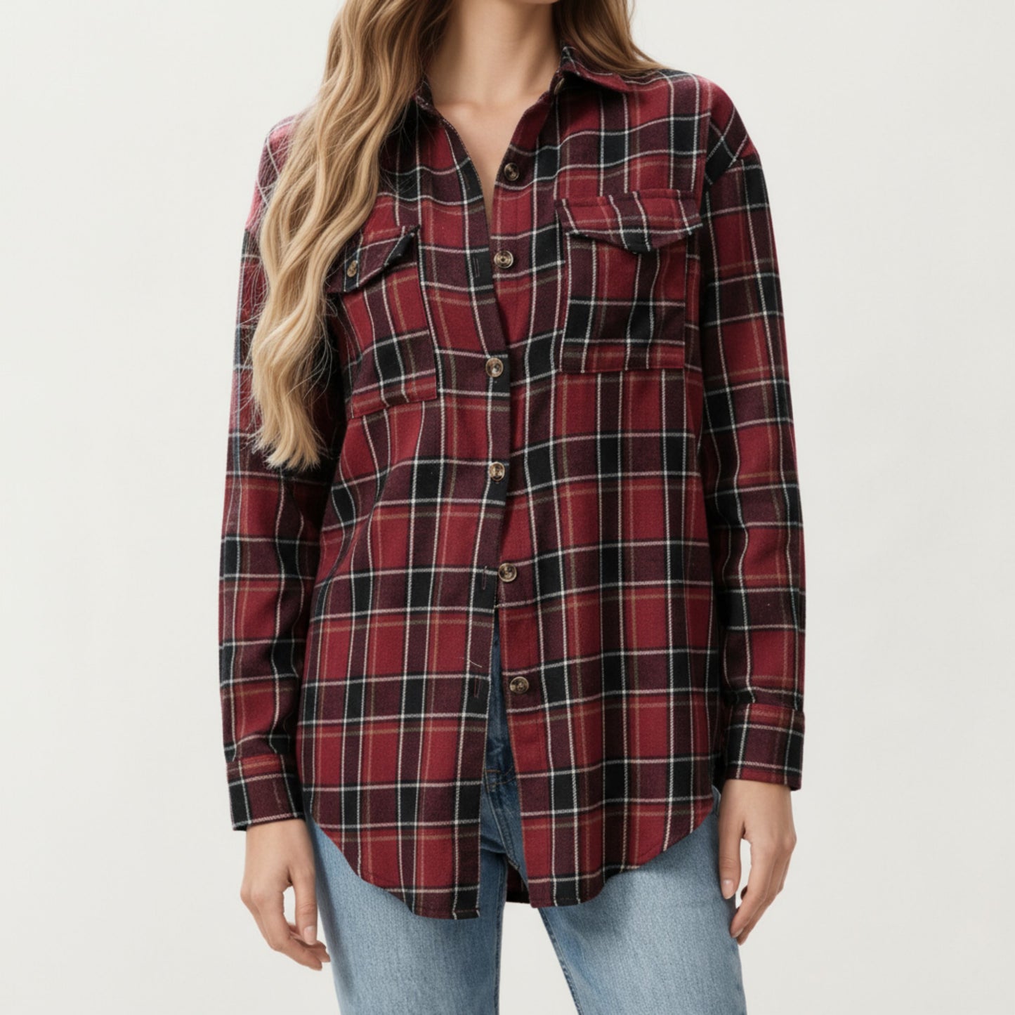 Long Sleeve Plaid Button-Up Shirt with Chest Pockets