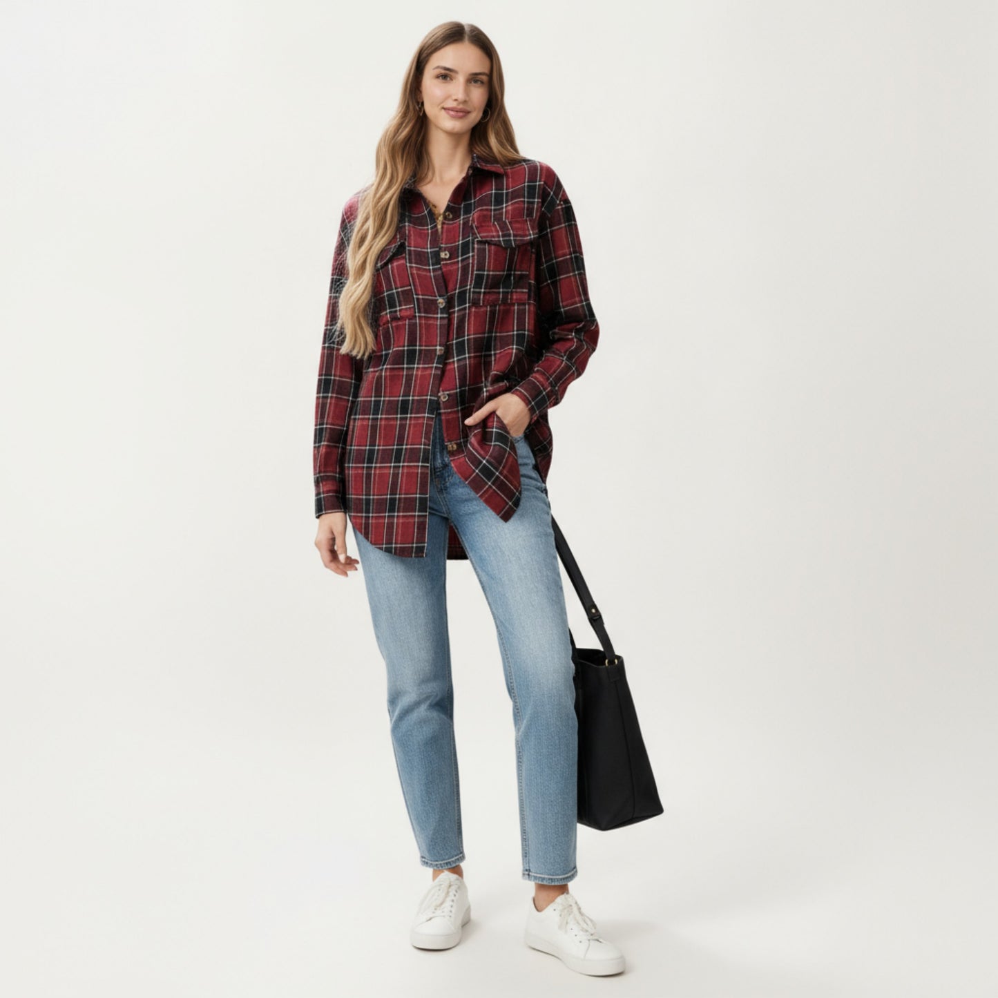 Long Sleeve Plaid Button-Up Shirt with Chest Pockets