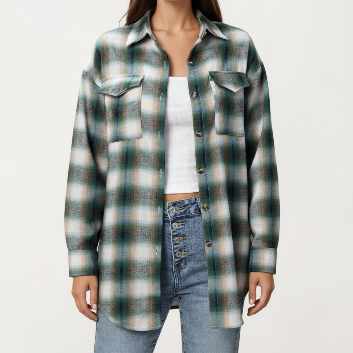 Long Sleeve Plaid Button-Up Shirt with Chest Pockets