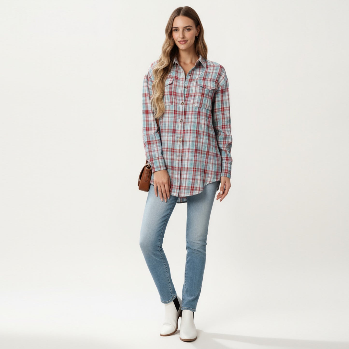Long Sleeve Plaid Button-Up Shirt with Chest Pockets