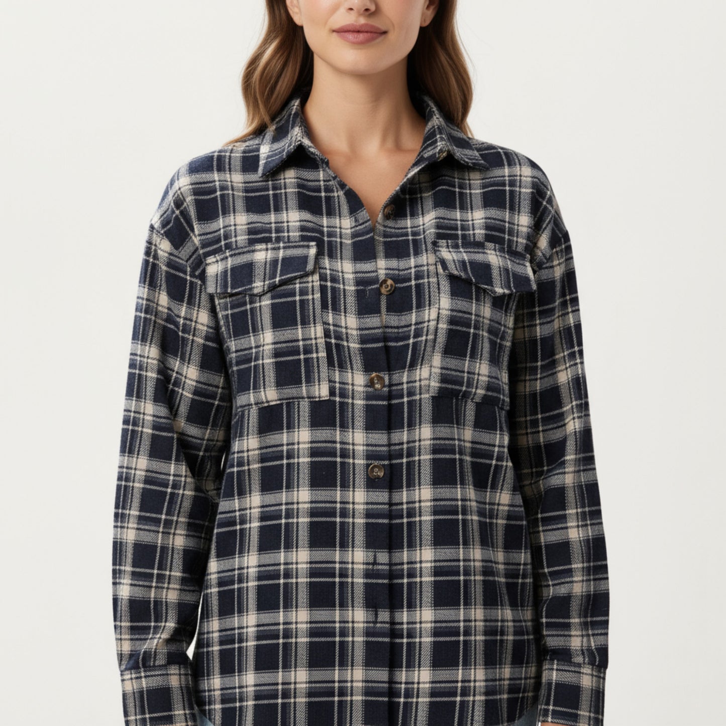 Long Sleeve Plaid Button-Up Shirt with Chest Pockets