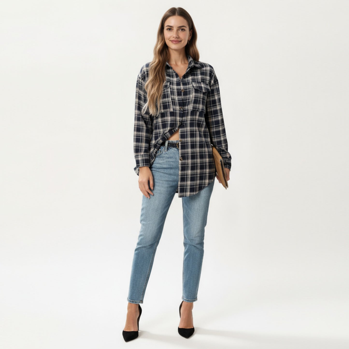 Long Sleeve Plaid Button-Up Shirt with Chest Pockets