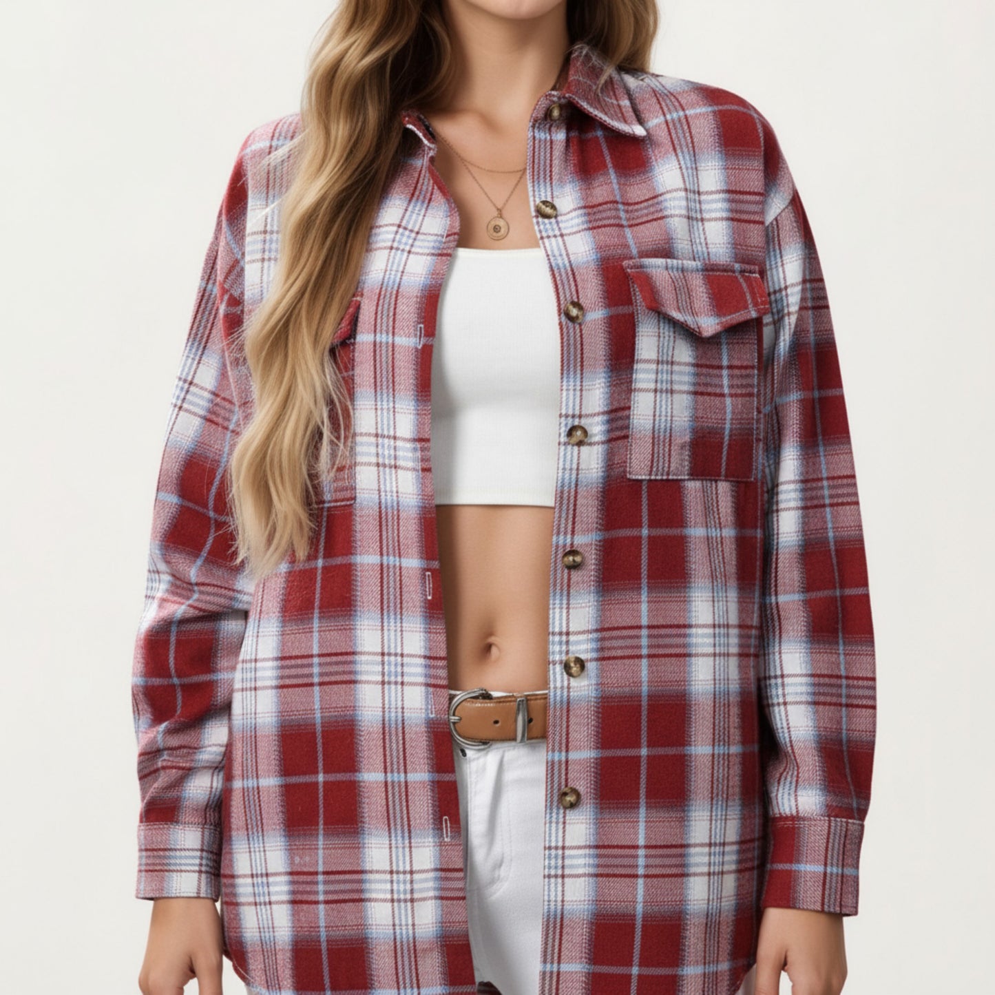 Long Sleeve Plaid Button-Up Shirt with Chest Pockets