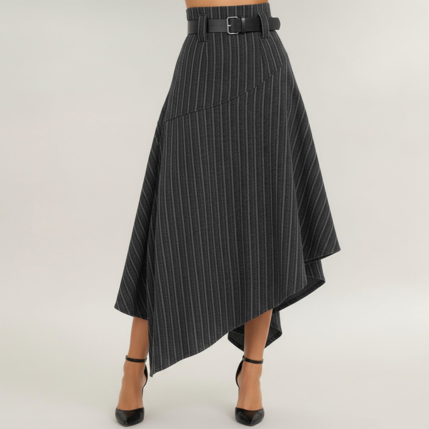 Asymmetrical Pinstripe Midi Skirt with High Waist and Tailored Draping