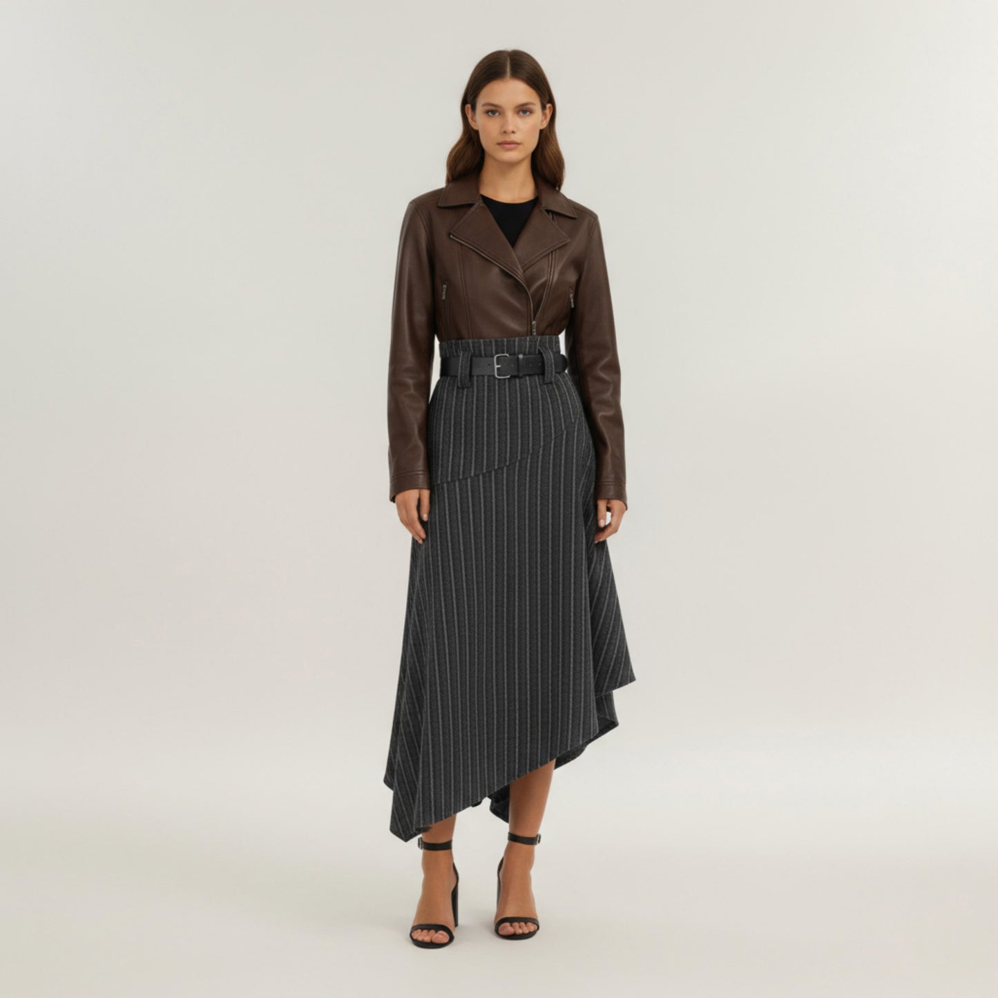 Asymmetrical Pinstripe Midi Skirt with High Waist and Tailored Draping
