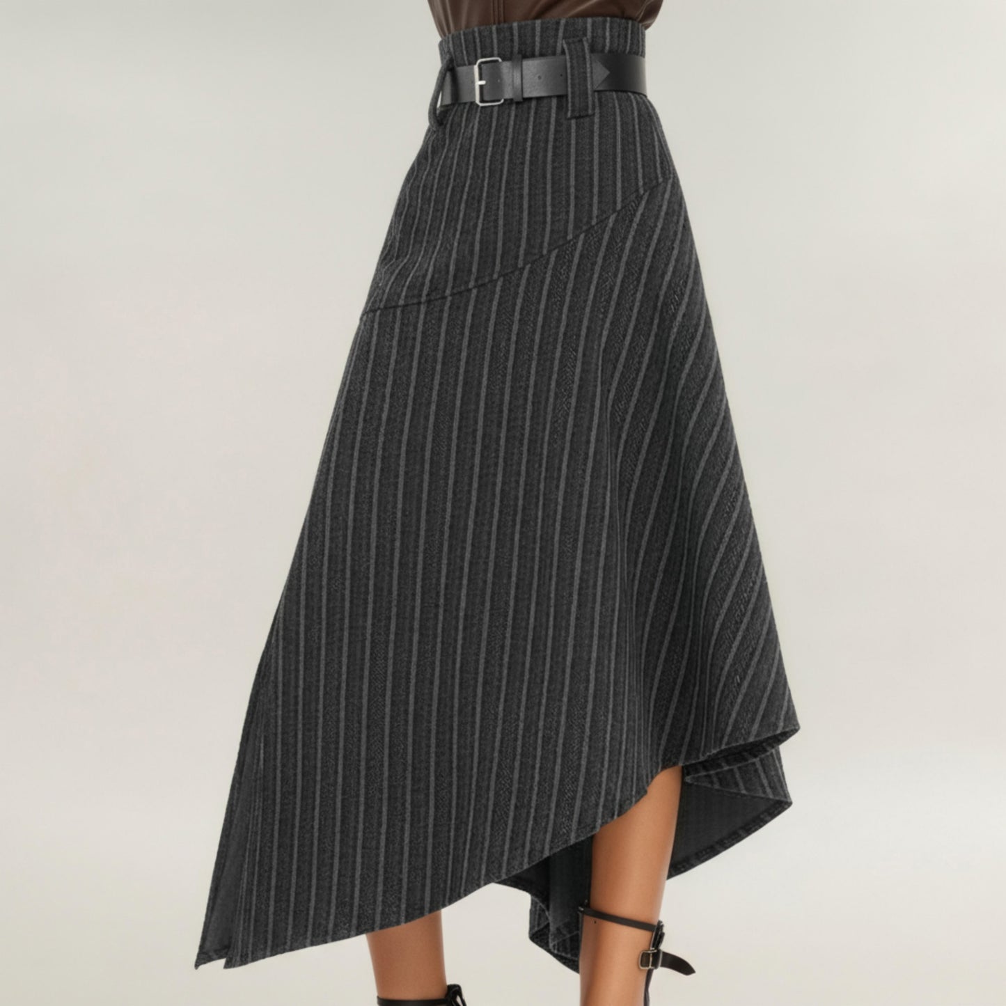 Asymmetrical Pinstripe Midi Skirt with High Waist and Tailored Draping