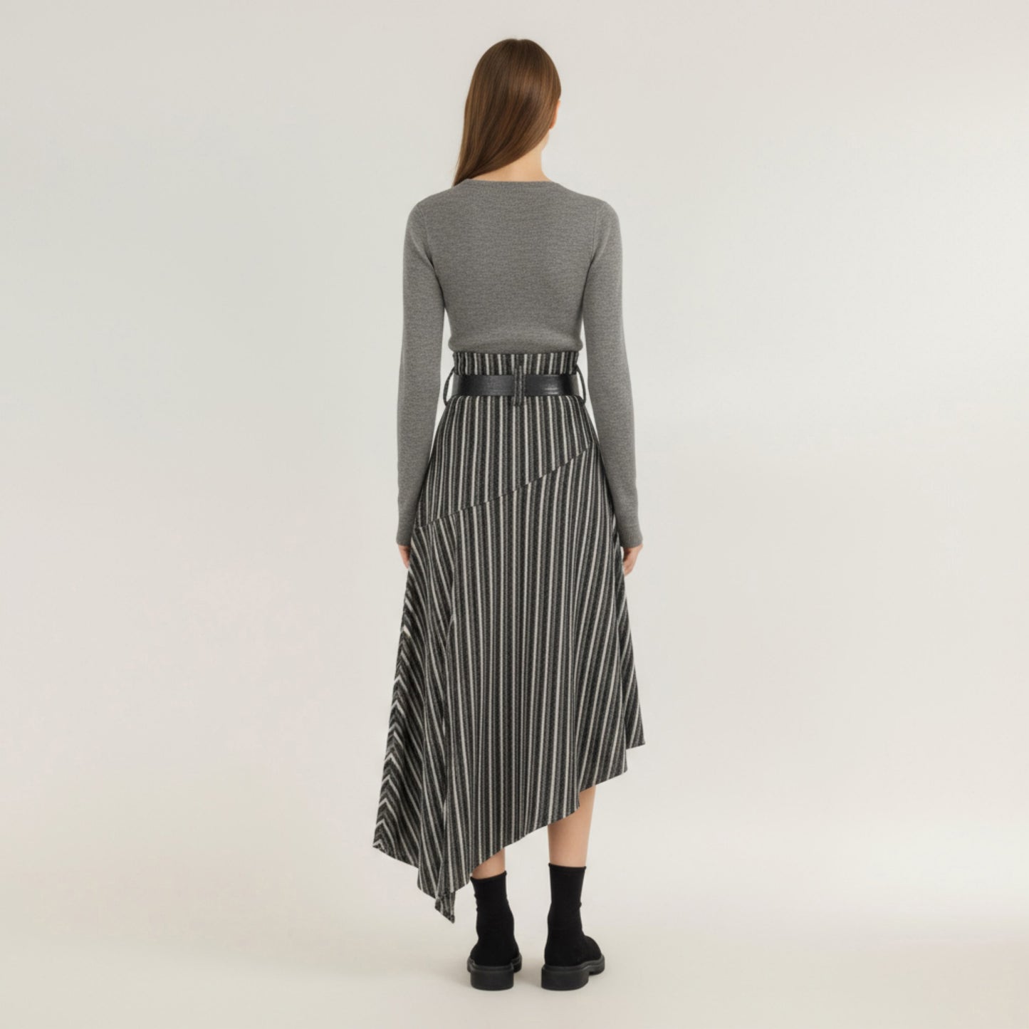 Asymmetrical Pinstripe Midi Skirt with High Waist and Tailored Draping