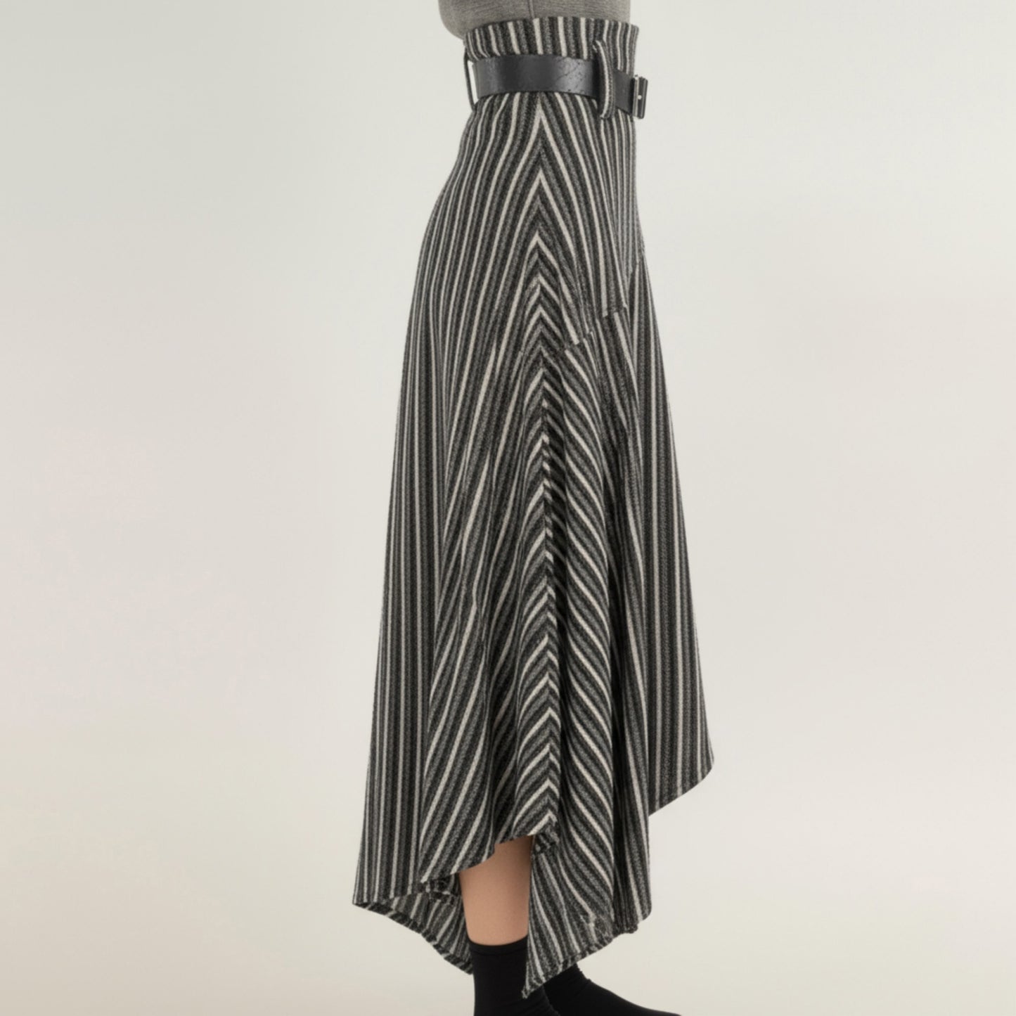Asymmetrical Pinstripe Midi Skirt with High Waist and Tailored Draping