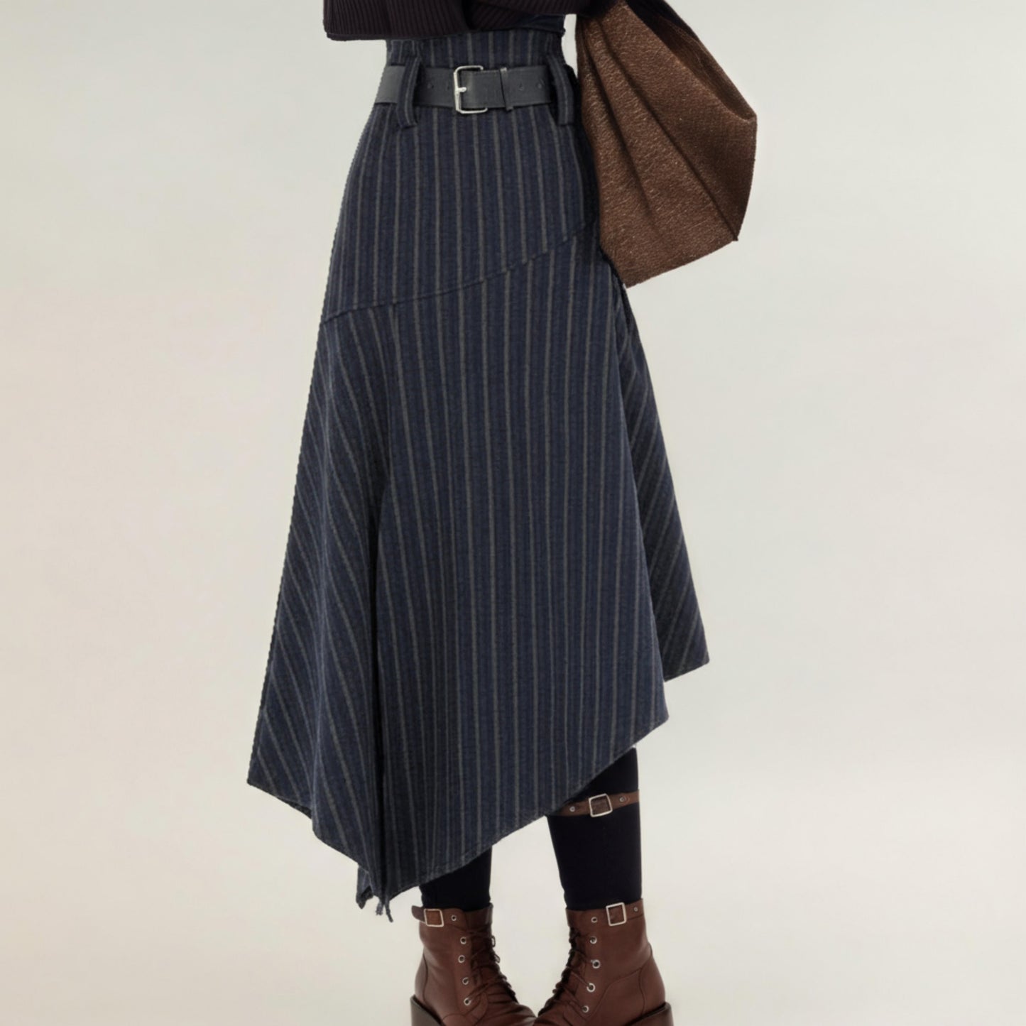 Asymmetrical Pinstripe Midi Skirt with High Waist and Tailored Draping