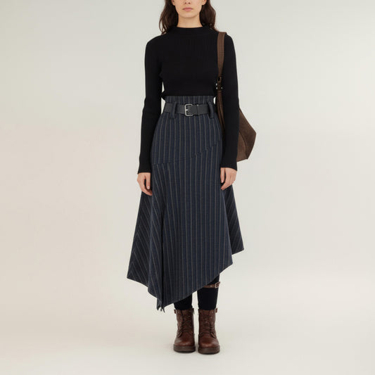 Asymmetrical Pinstripe Midi Skirt with High Waist and Tailored Draping