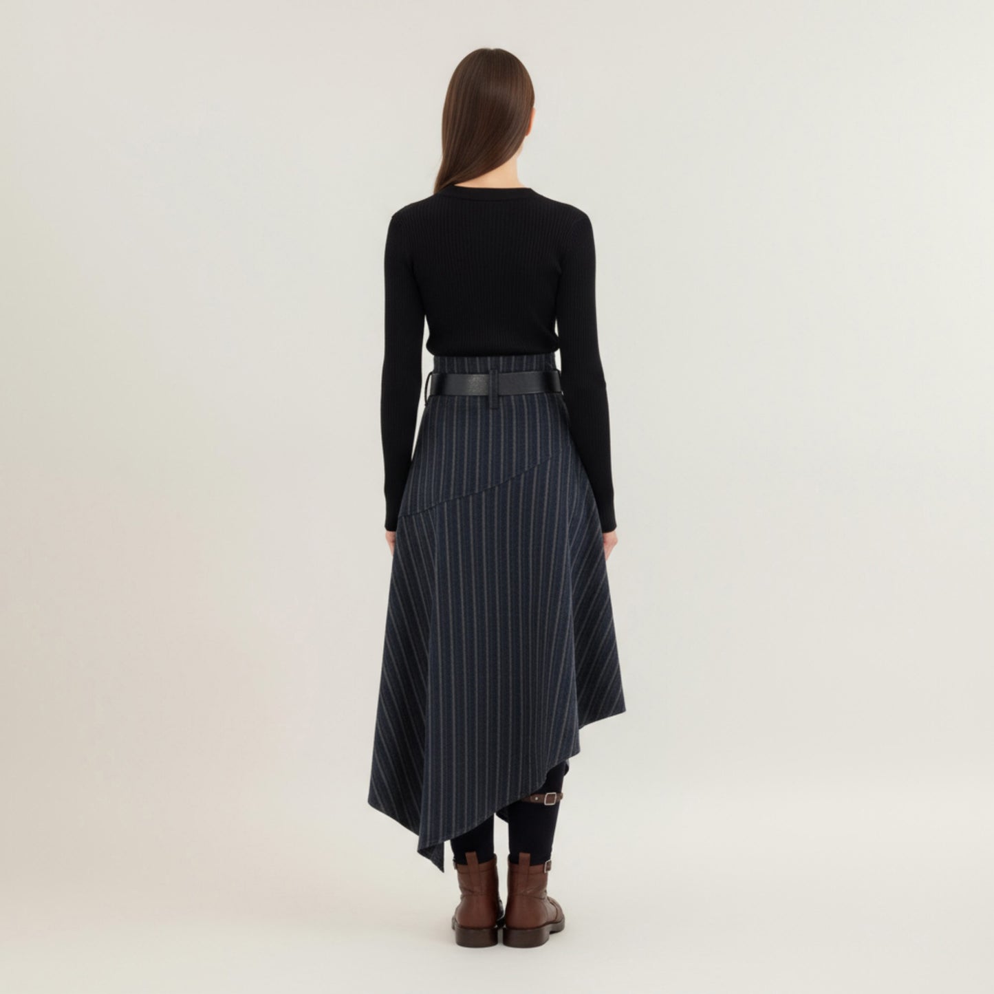 Asymmetrical Pinstripe Midi Skirt with High Waist and Tailored Draping
