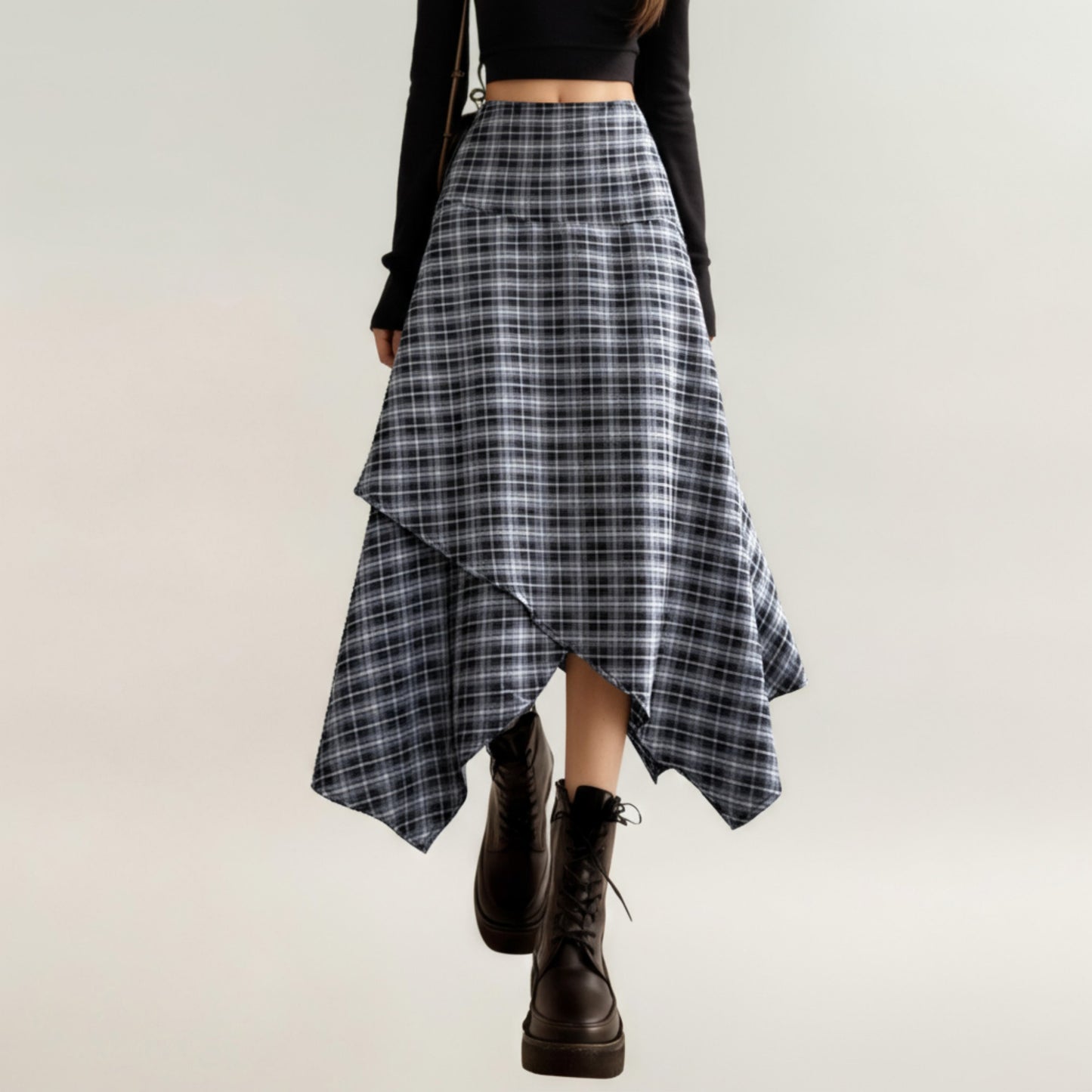 Asymmetrical Plaid Midi Skirt with Layered Handkerchief Hem