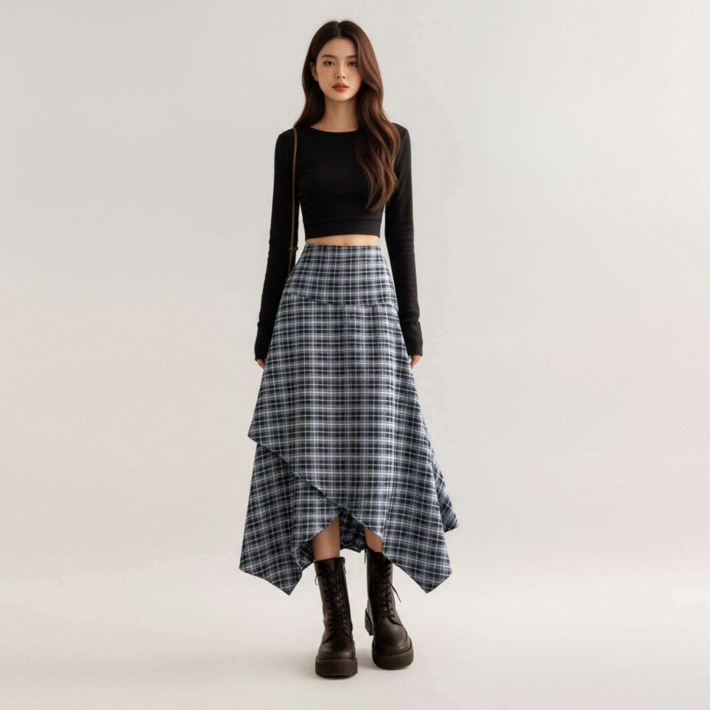 Asymmetrical Plaid Midi Skirt with Layered Handkerchief Hem
