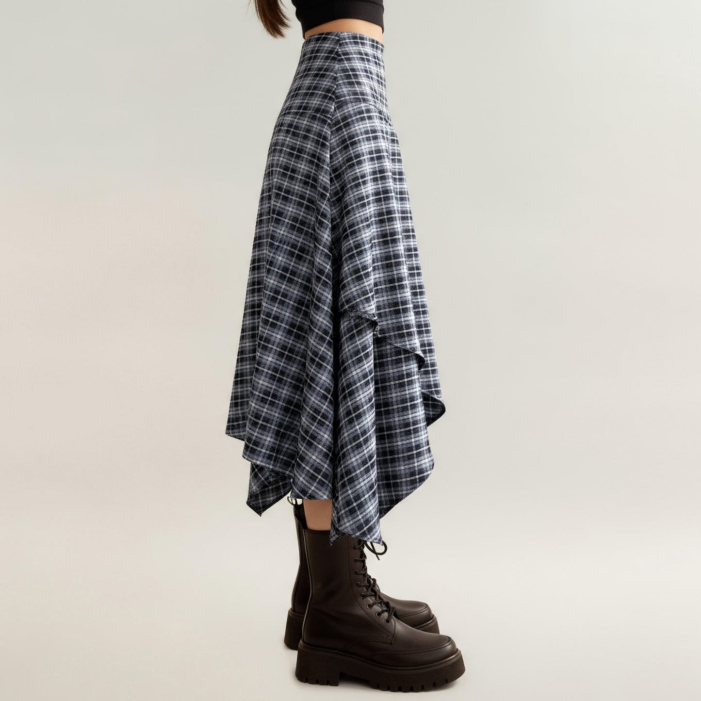 Asymmetrical Plaid Midi Skirt with Layered Handkerchief Hem