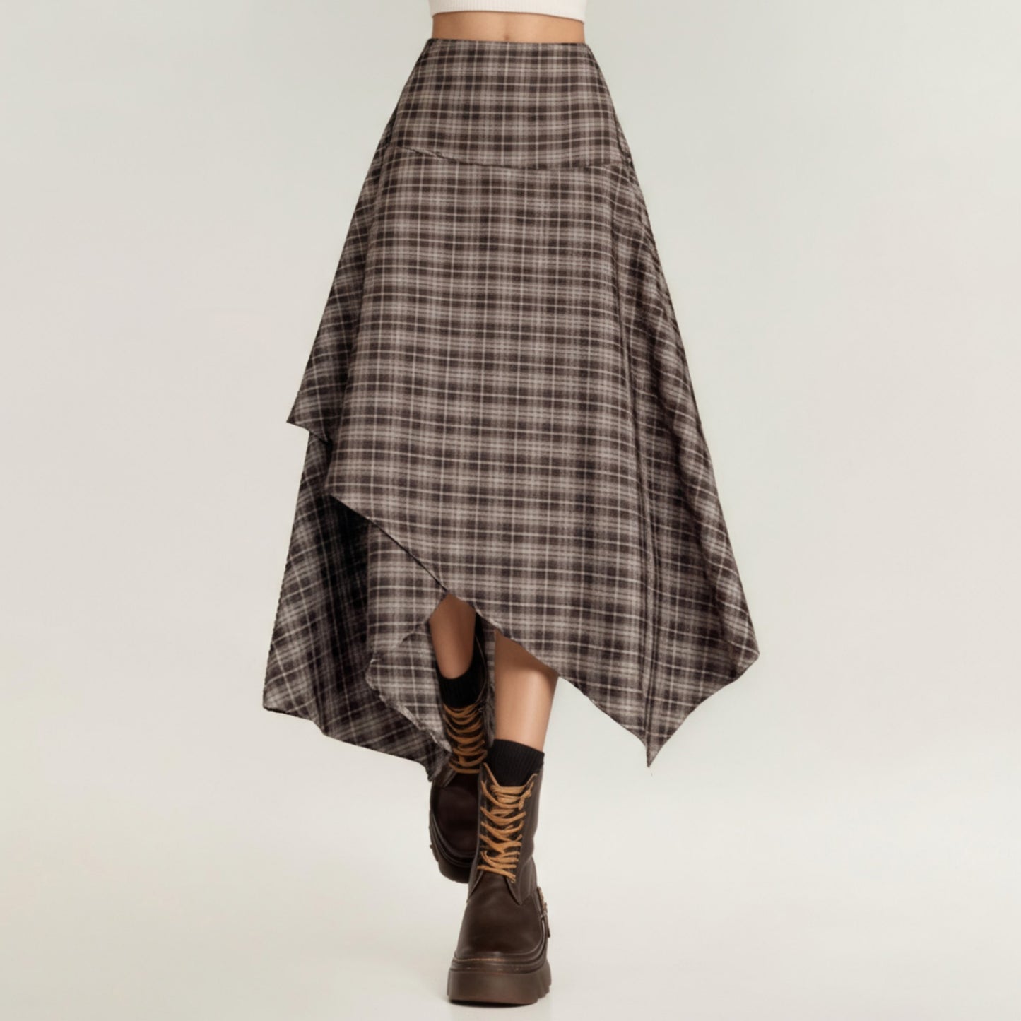 Asymmetrical Plaid Midi Skirt with Layered Handkerchief Hem