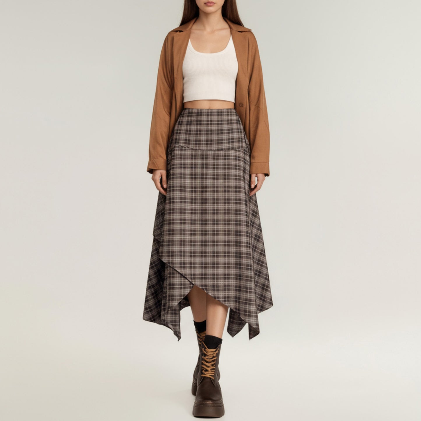 Asymmetrical Plaid Midi Skirt with Layered Handkerchief Hem
