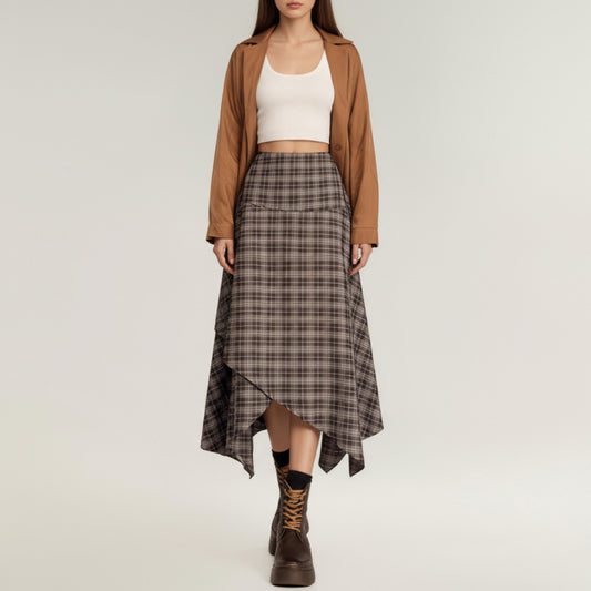 Asymmetrical Plaid Midi Skirt with Layered Handkerchief Hem
