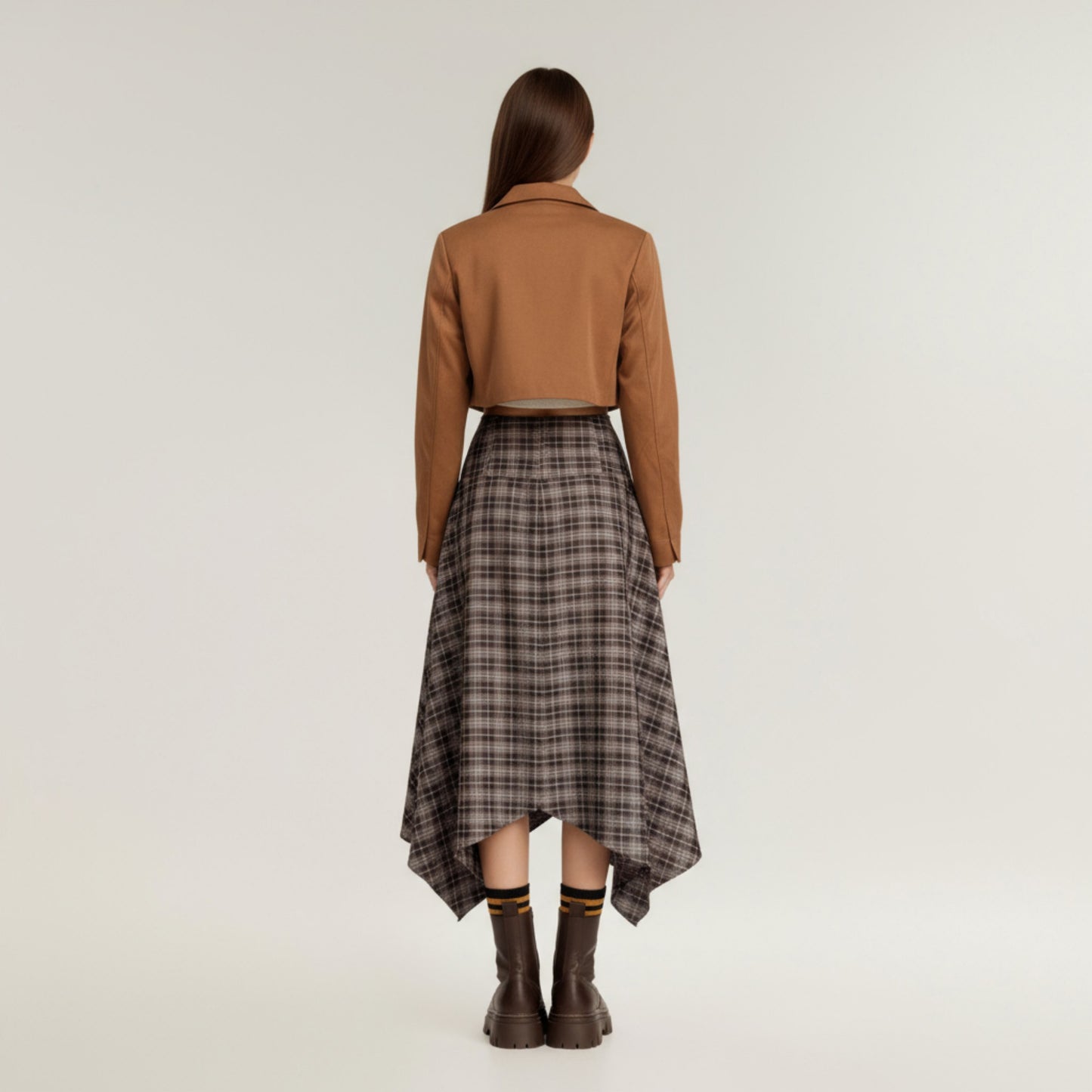 Asymmetrical Plaid Midi Skirt with Layered Handkerchief Hem