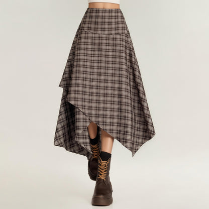 Asymmetrical Plaid Midi Skirt with Layered Handkerchief Hem