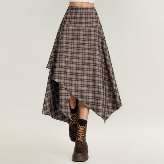 Asymmetrical Plaid Midi Skirt with Layered Handkerchief Hem