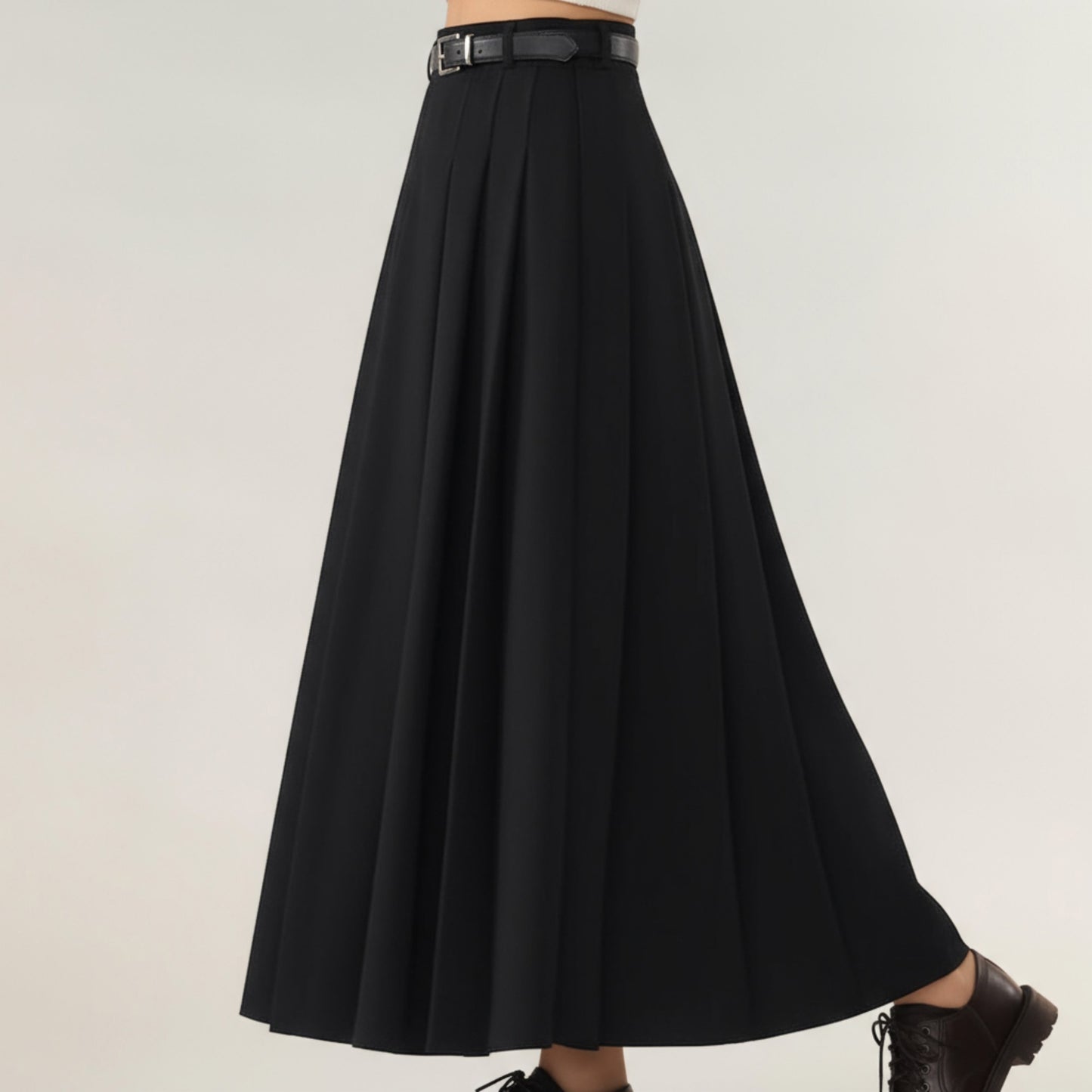 High Waist Pleated Maxi Skirt with Structured A-Line Silhouette