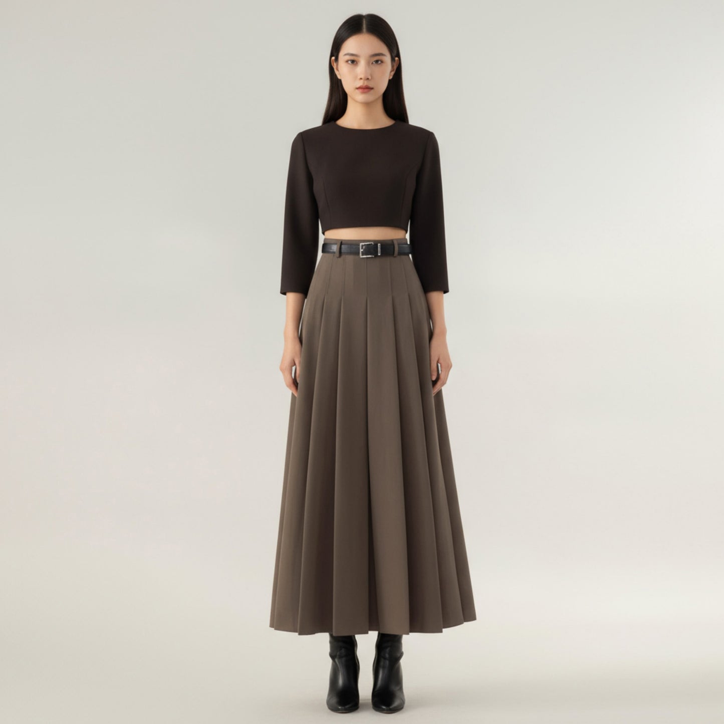 High Waist Pleated Maxi Skirt with Structured A-Line Silhouette