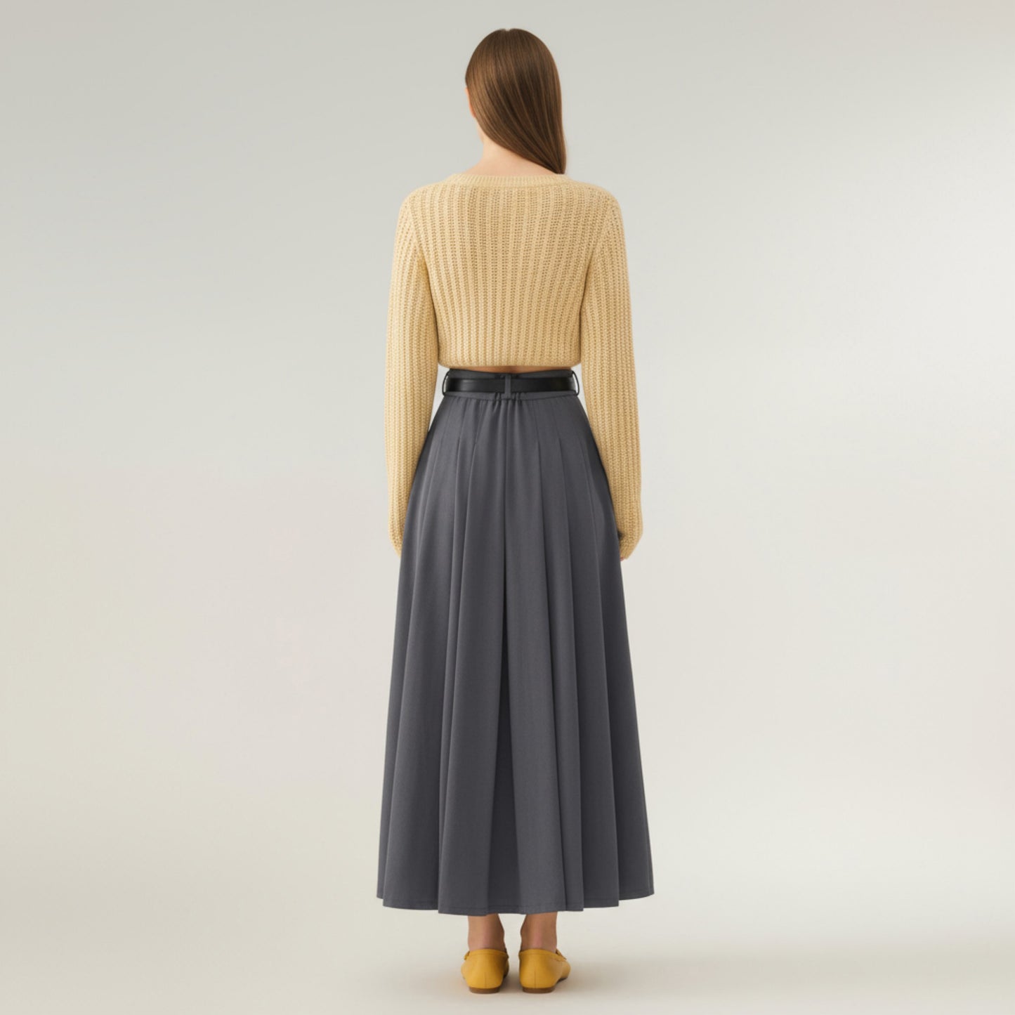 High Waist Pleated Maxi Skirt with Structured A-Line Silhouette