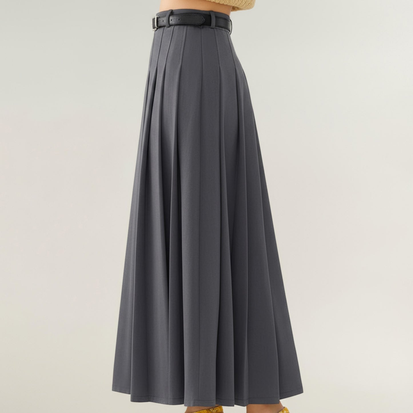 High Waist Pleated Maxi Skirt with Structured A-Line Silhouette