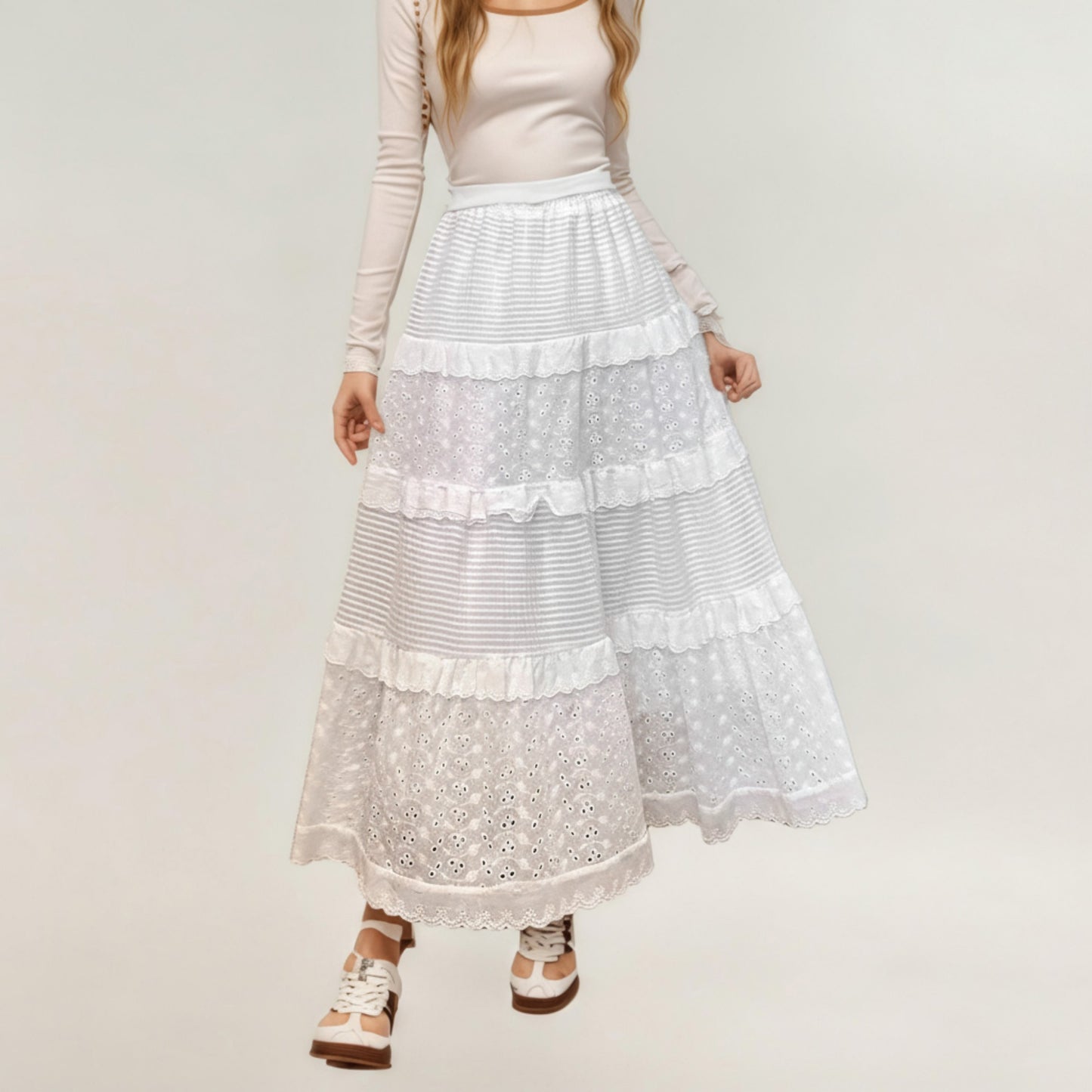 Tiered Maxi Skirt with Lace Eyelet Panels and Textured Striped Design