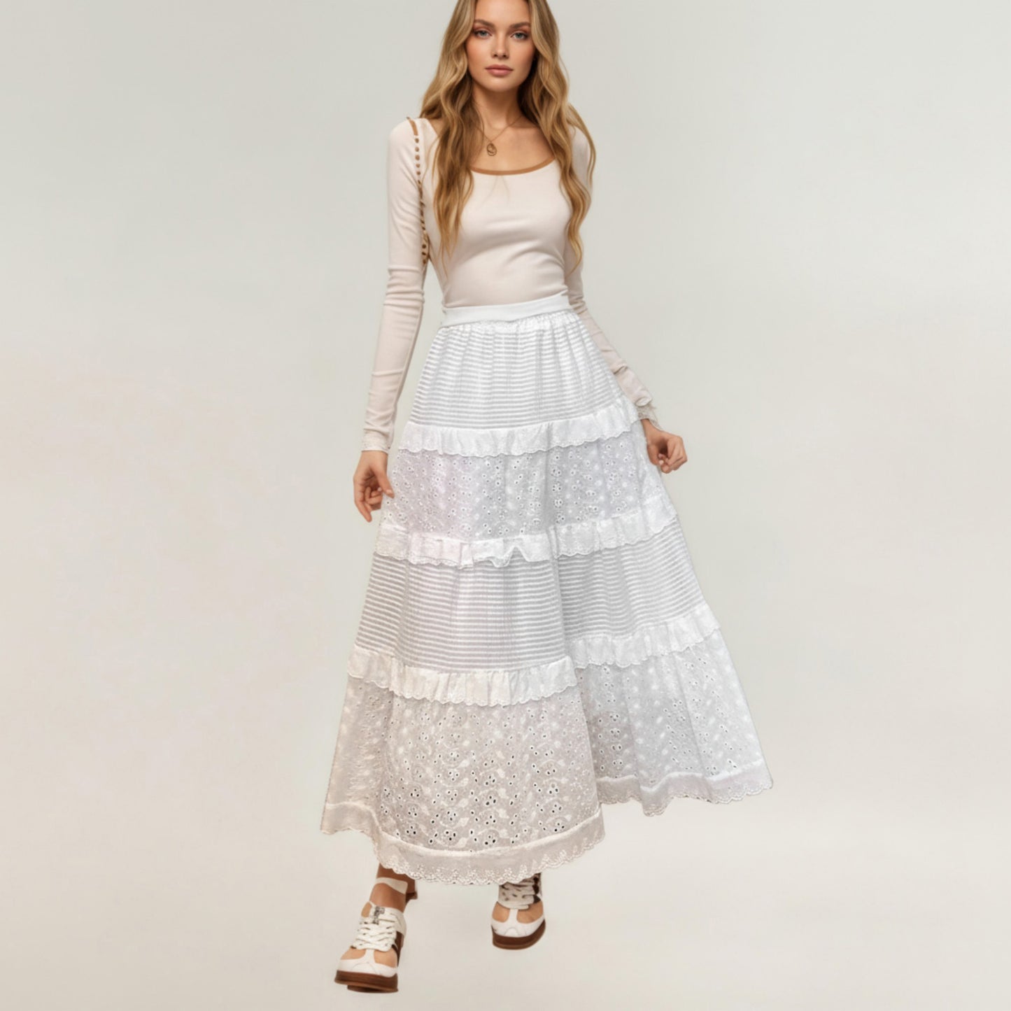 Tiered Maxi Skirt with Lace Eyelet Panels and Textured Striped Design