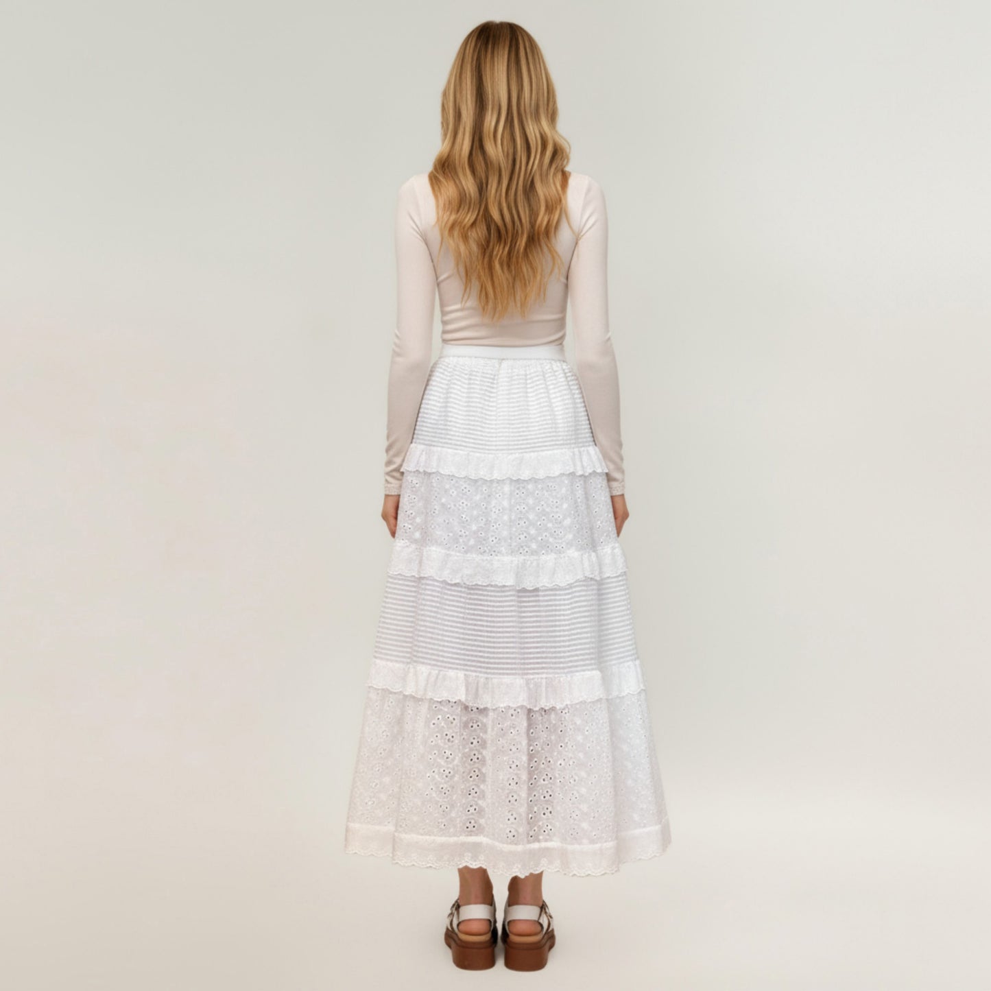 Tiered Maxi Skirt with Lace Eyelet Panels and Textured Striped Design