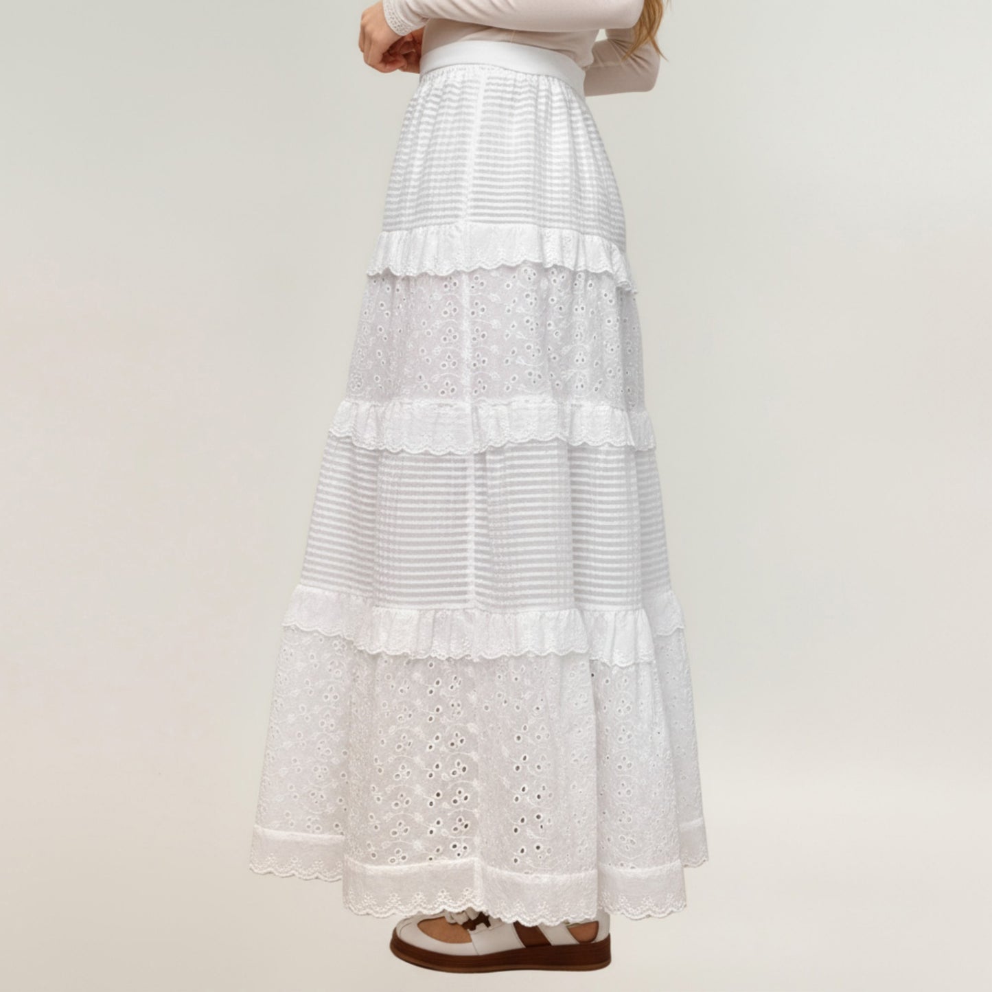 Tiered Maxi Skirt with Lace Eyelet Panels and Textured Striped Design