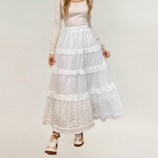 Tiered Maxi Skirt with Lace Eyelet Panels and Textured Striped Design