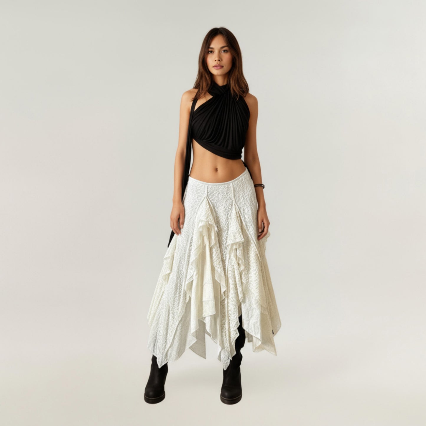Asymmetrical Layered Lace Maxi Skirt with Flowing Ruffle Drapes