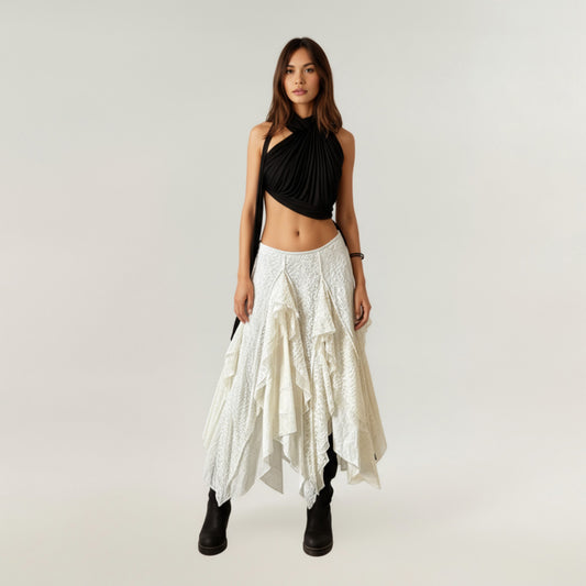 Asymmetrical Layered Lace Maxi Skirt with Flowing Ruffle Drapes